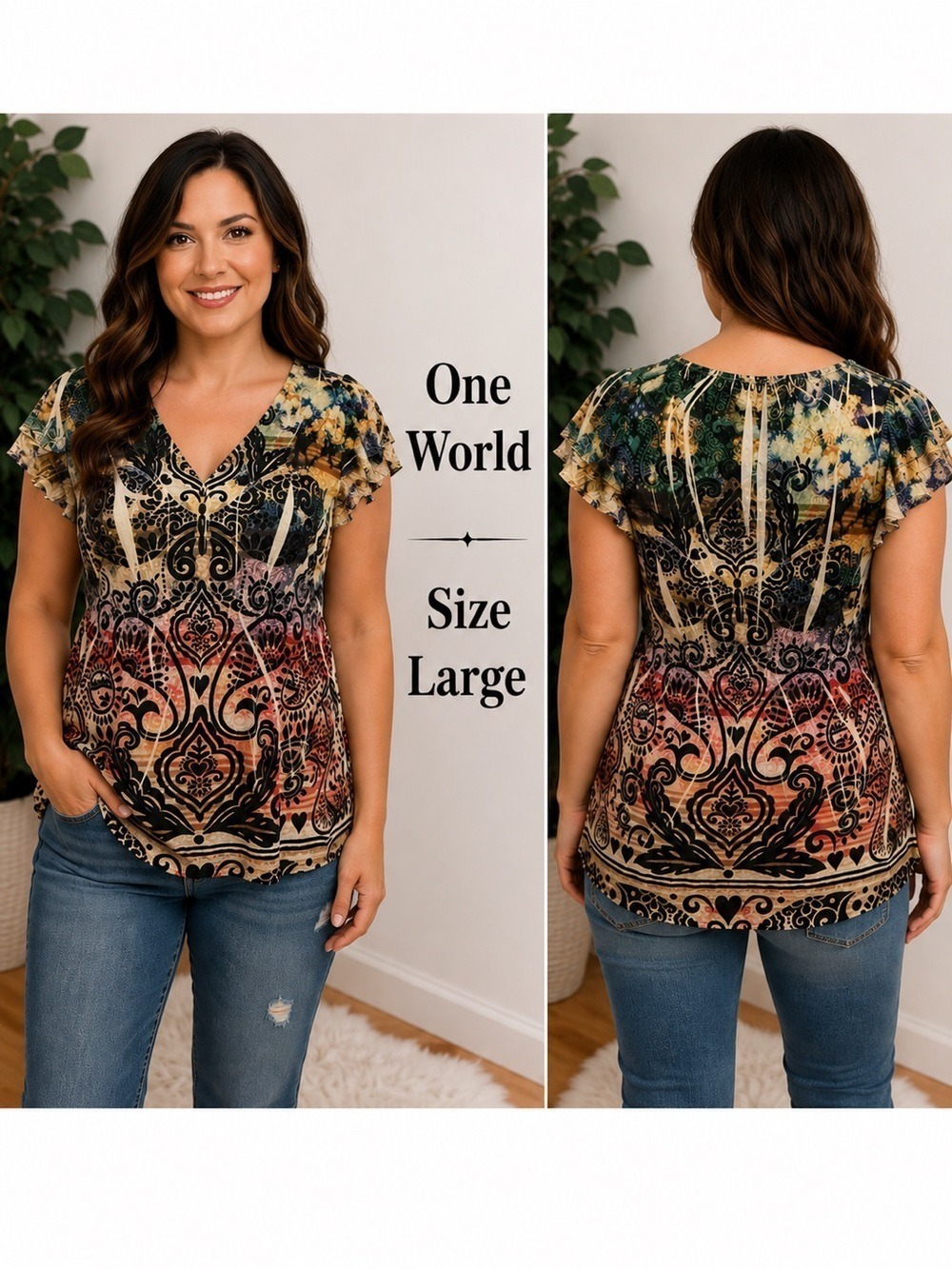 One World Boho Abstract Flutter Sleeve Top Size Large